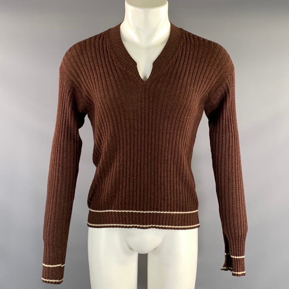 GIORGIO ARMANI Size S Brown White Rib Knit Cotton & Rayon V Neck Sweater